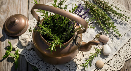 A Rustic Copper Teapot Filled With Herbs, Displayed On A Lace, Vintage Scene