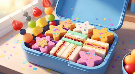 A Vibrant Lunchbox Filled With Delightful Star-Shaped Treats And Fruit Skewers