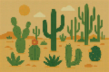 Desert Landscape with Various Cactus Species in Halftone Decorative Style