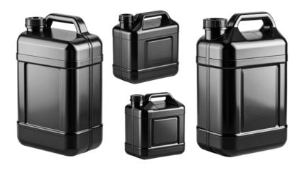 Set of Black jerrycans, essential for fuel storage and transport, isolated on transparent background, offering a reliable solution for various industrial needs