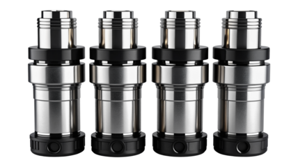 A set of four automotive fuel injectors aligned in a row with metallic textures on a white background