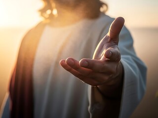 Jesus reaching out with hand in soft light during sunset 