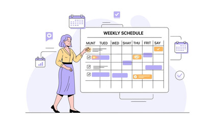 Woman planning weekly schedule on a large calendar board, time management concept