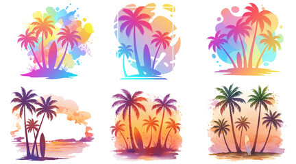 Palm tree silhouettes in watercolor style with tropical sunset colors, transparent background
