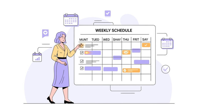 Woman planning weekly schedule on a large calendar board, time management concept - Powered by Adobe