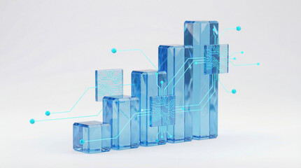 3D glass bar chart with embedded circuit patterns and data points, symbolizing digital growth, analytics, and high-tech financial systems.