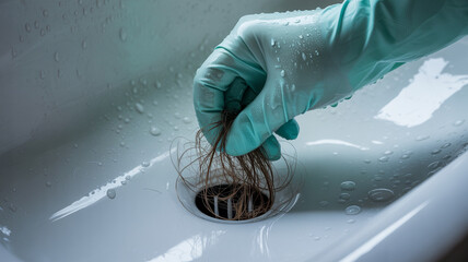 Hand wearing glove removes hair from sink drain in bathroom during cleaning activity