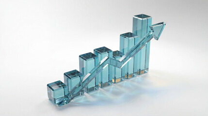 3D blue glass bar chart with a transparent upward arrow, representing business growth, success metrics, and financial performance visualization.
