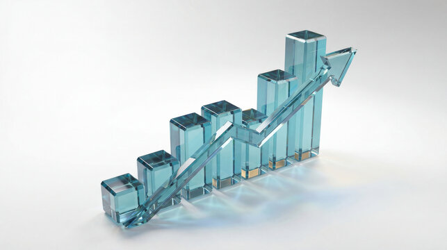 3D blue glass bar chart with a transparent upward arrow, representing business growth, success metrics, and financial performance visualization. - Powered by Adobe