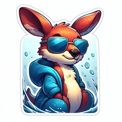 Cute baby kangaroo character wearing blue sunglasses and vest with water splash background sticker design with white border