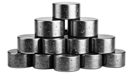 Uranium fuel pellet stack, metallic gray texture, clean white background
