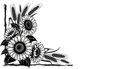 White line art sunflowers and wheat stalks on black background grain floral 2 © Asiya