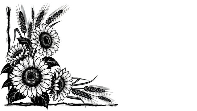 White line art sunflowers and wheat stalks on black background grain floral 2