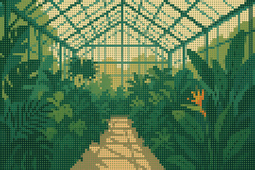 Large Glass Greenhouse with Tropical Plants and Sunlight Patterns Halftone Illustration