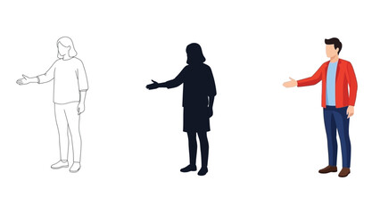 Collection of different visual styles for a person offering a handshake gesture including a flat color outline silhouette and full illustration set