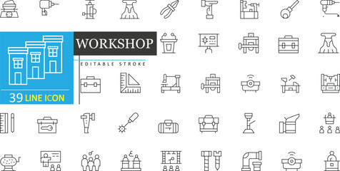 Workshop Line Icons Set. Tools, Machinery, Construction, Repair & Industrial Equipment Editable Stroke. vector illustration