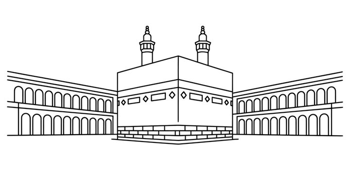 A simple line art drawing of the holy kaaba and grand mosque in mecca Vector, illustration