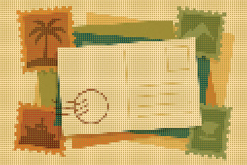 Vintage Halftone Postcards and Stamps Arrangement Decor Poster Illustration