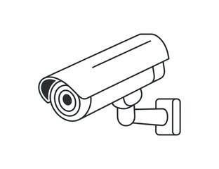 a simple black and white line drawing depicts a security camera mounted on a wall illustrating surveillance and monitoring technology