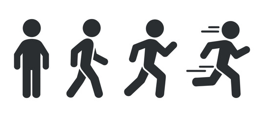 A simple illustration depicts the stages of human walking and running showing progression from standing to full stride motion