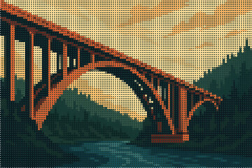 Halftone Illustration of a Massive Bridge Over a Flowing River with Forest Background