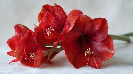 A bouquet of vibrant red amaryllis flowers on a white surface