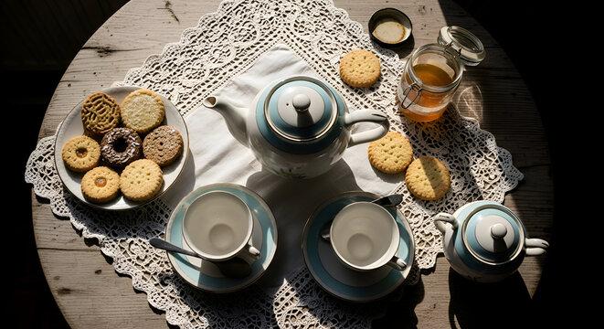 Afternoon Tea Served With Delicious Biscuits And A Vintage Teapot On A Table
