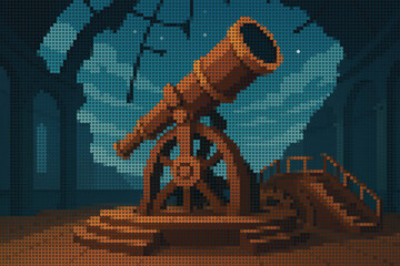 Massive Telescope Structure Inside a Broken Dome with Gears and Stairs Halftone Illustration
