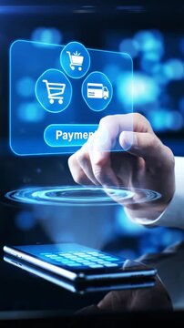 A Modern Payment Experience: Utilizing Smartphone Technology for Easy Transactions with Digital Interfaces and Interactive Elements in a Sleek, Futuristic Environment