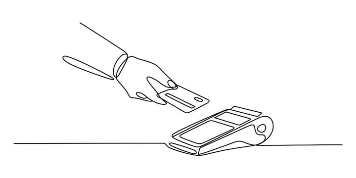 Continuous line drawing of hand holding credit card over pos machine Vector, illustration