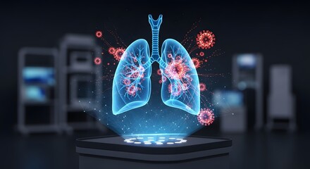 3D hologram of human lungs being attacked by red virus cells in a futuristic laboratory setting representing respiratory infection pulmonary disease and advanced medical research technology