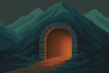 Old Stone Tunnel Entrance with Glowing Light Inside Halftone Graphic Illustration