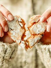 Close-up of hands breaking a heart-shaped pastry dusted with powdered sugar, revealing a soft interior with syrup dripping, symbolizing sweetness and romance.