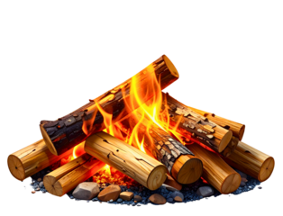 A blazing bonfire with logs and flames creating a bright and warm fire on a black background