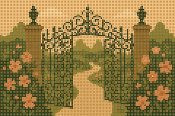 Ornate Iron Gate Opening into a Blooming Garden Halftone Illustration Decor