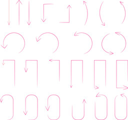 Collection of various thin pink hand drawn arrow symbols illustrating different directions and navigation concepts effectively.