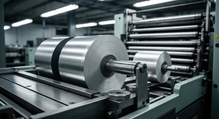 Naklejka premium Industrial equipment with large rolls of metal foil, factory setting