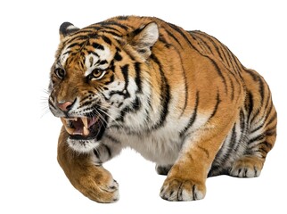 Obraz premium white bengal tiger, Majestic Snarling Tiger – Powerful Carnivore, Realistic Wildlife Image Isolated on White Background