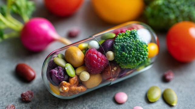 Medicine health concept display, nutritional supplement vitamin capsule, fruit vegetables nuts beans, nutrient pill inside visualization, dietary wellness representation, with copy