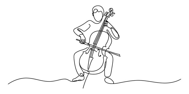 Minimalist one line art of a musician playing a classical cello instrument Vector, illustration