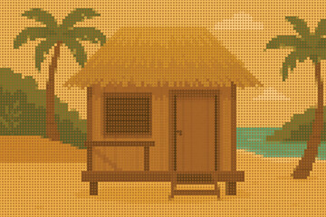 Small Beach Hut with Straw Roof and Wooden Texture Halftone Illustration Decor