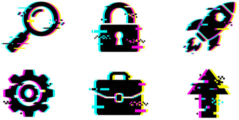 Glitch effect business icons with magnifying glass, padlock, rocket, lock, gear, briefcase and arrow.