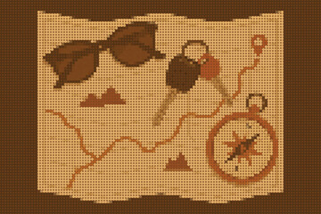 Sunglasses Keys and Compass on Unfolded Vintage Map Halftone Travel Illustration