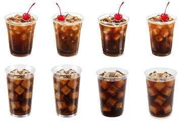 Plastic cups of iced cola and cherry, transparent background  
