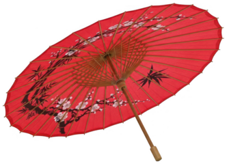 Red traditional chinese oil paper umbrella featuring plum blossom ink painting and bamboo frame