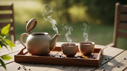 Tray with teapot and cups of hot beverage on table outdoors