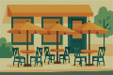Outdoor Cafe Tables and Chairs Under Umbrellas on Sidewalk Halftone Illustration