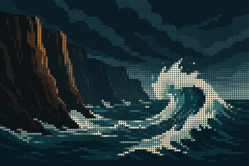 Powerful Ocean Waves Crashing Against Tall Cliffs Halftone Dramatic Illustration