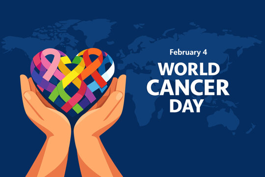World cancer day awareness poster illustration. February World Cancer Day with hands holding ribbon heart
