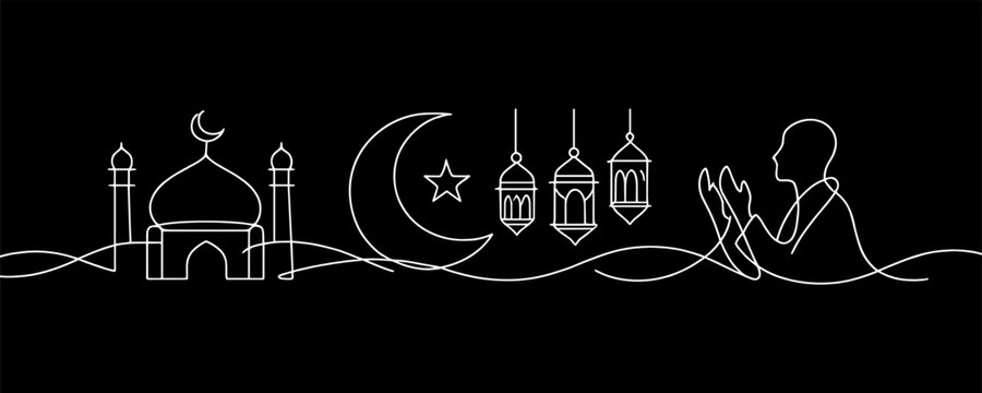 Ramadan night line illustration on dark background. Islamic Ramadan holy month prayer scene with mosque and lanterns